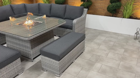 Chimes Rattan Furniture - Stone Grey Vienna Deluxe Corner Sofa Set With Firepit table & 2 Benches