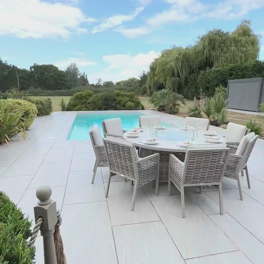 Chimes - Monaco Aluminium 8 Seat Round Dining Set - 1.8 Meter Round Table With Firepit - Rope Weave - Cream