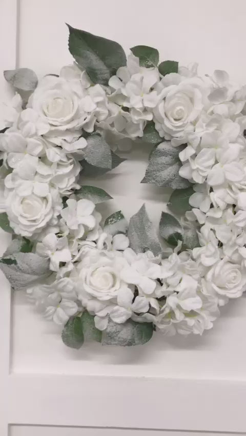 42CM ROSE/HYDRANGEA WREATH WHITE - LOW STOCK