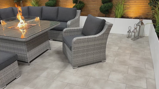 Chimes Rattan Furniture - Stone Grey Vienna Deluxe Corner Sofa Set With Firepit table, Bench & Armchair