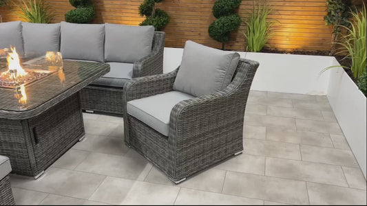 Chimes Rattan Furniture - Prestige Grey Vienna Deluxe Corner Sofa Set With Firepit table, Bench & Armchair