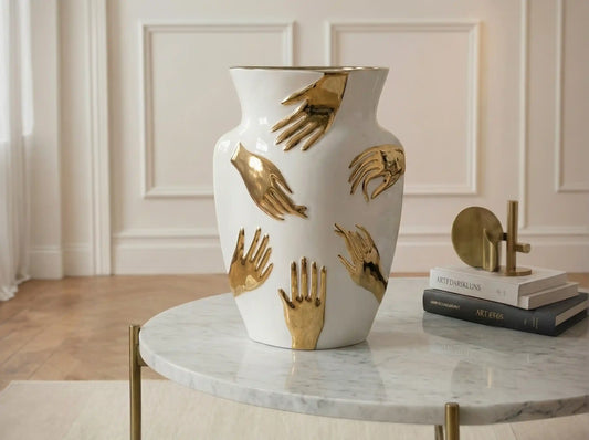 33.5cm White with Gold Hands Design Ceramic Vase