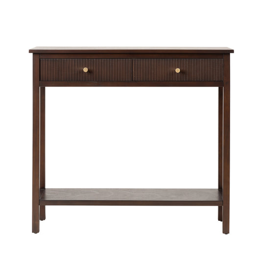 Lianna Walnut Brown 2 Drawer Console Table with Gold Handles