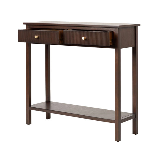 Lianna Walnut Brown 2 Drawer Console Table with Gold Handles