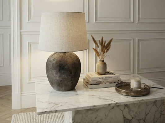 57cm Light Brown Stone Finish Table Lamp with Natural Linen Shade