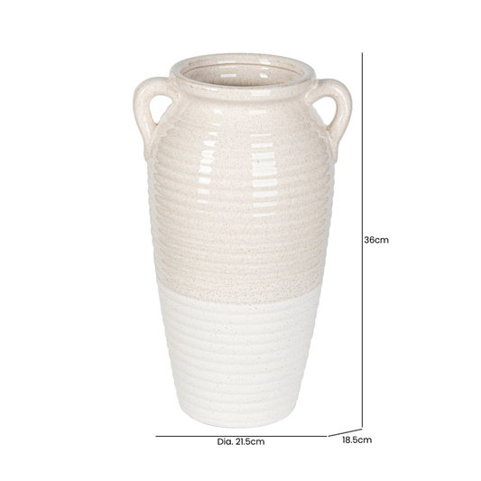 36cm Beige and White Ribbed Ceramic Vase