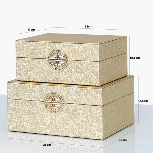 Chimes-Set Of 2 Gold Faux Leather Jewellery Boxes With Gold Clasp