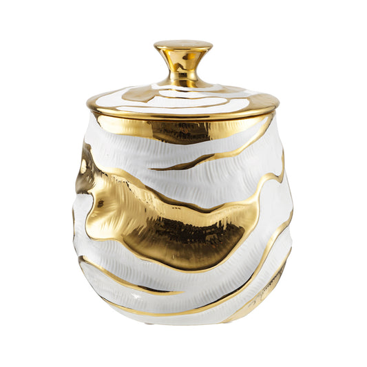 White and Gold Textured Ripples Design Ceramic Ginger Jar