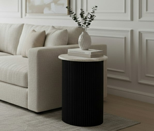 Tyler Travertine Top Side Table with Black Acacia Wood Base