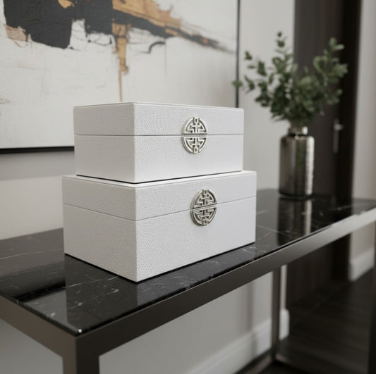 Chimes - Set Of 2 White Faux Leather Jewellery Boxes with silver clasp